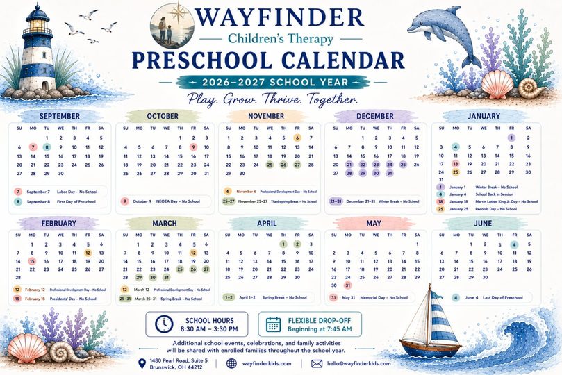 Wayfinder Children's Therapy 2026–2027 preschool calendar, showing each month from September through June with no-school days and school hours.